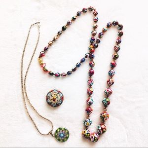 3 pc. ITALIAN MOSAIC MURANO BROOCH NECKLACE SET